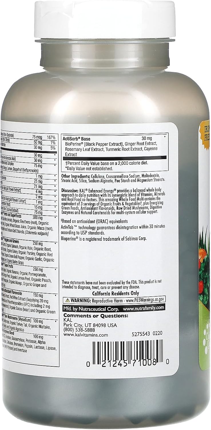 Kal Enhanced Energy Iron Free Multivitamin for Vegetarians - 180 Tablets