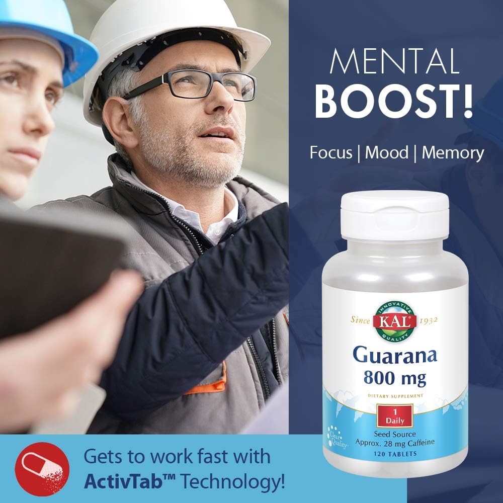 KAL Guarana 800 Tablets with Natural Caffeine for Energy and Focus Support - 120 Count