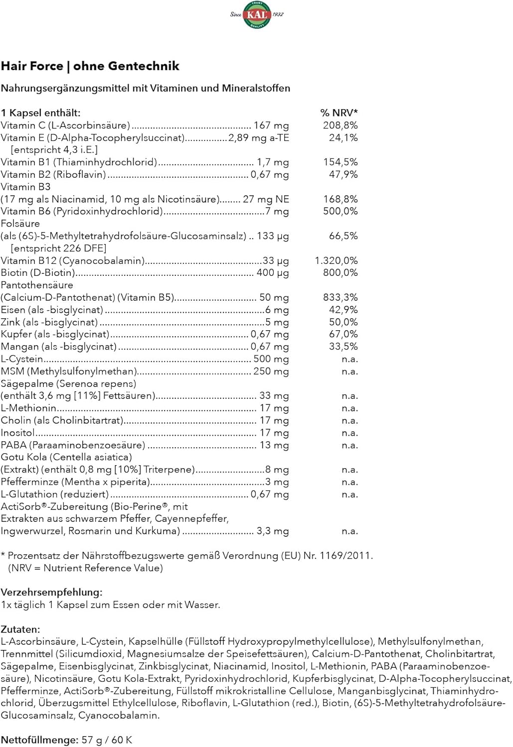 Kal Hair Force Capsules - Natural Hair Growth Supplement, 60 Count