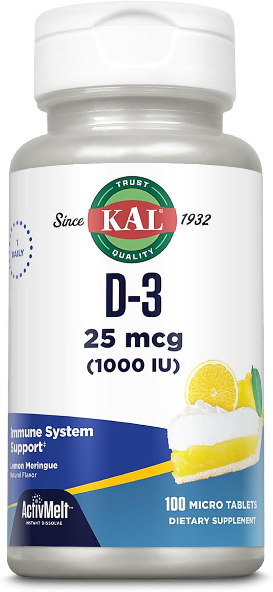 KAL Vitamin D-3 1000 IU ActivMelt Tablets - Natural Lemon Flavor for Immune & Bone Health - 100ct