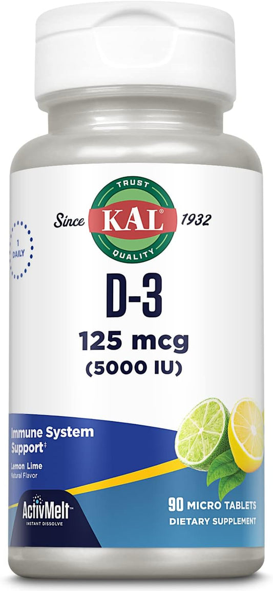 KAL Vitamin D-3 5000 IU ActivMelt Micro Tablets - Lemon Lime Flavor - Immune & Bone Support - 90 Servings
