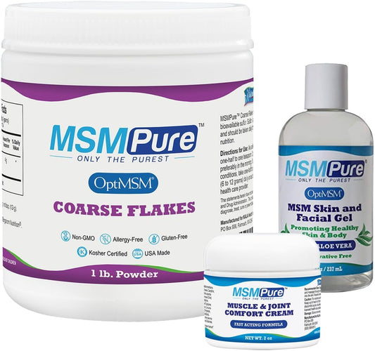 KALA HEALTH MSMPure Bundle: MSM Coarse Flakes, Muscle & Joint Cream, Aloe Gel - 1lb, 2oz, 8oz