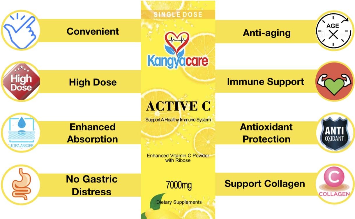 Kangyacare Active C - 10 Packets - 7000mg High Potency Vitamin C Powder - Immune Support & Antioxidant Protection - Enhanced Absorption - Neutral pH - Single Dose