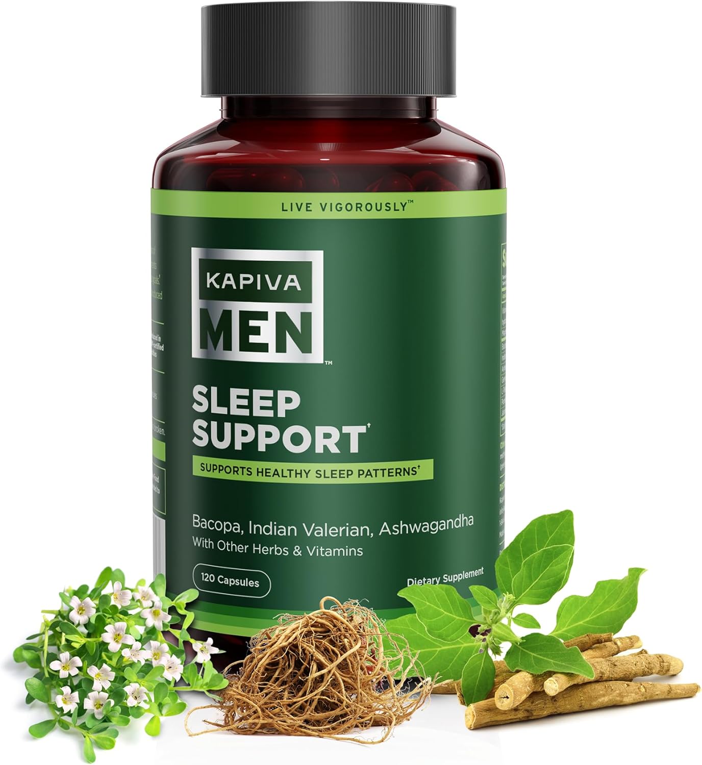KAPIVA MEN Sleep Support Supplement with Bacopa, Valerian, Ashwagandha - Promotes Healthy Sleep, 60 Day Supply, 120 Capsules