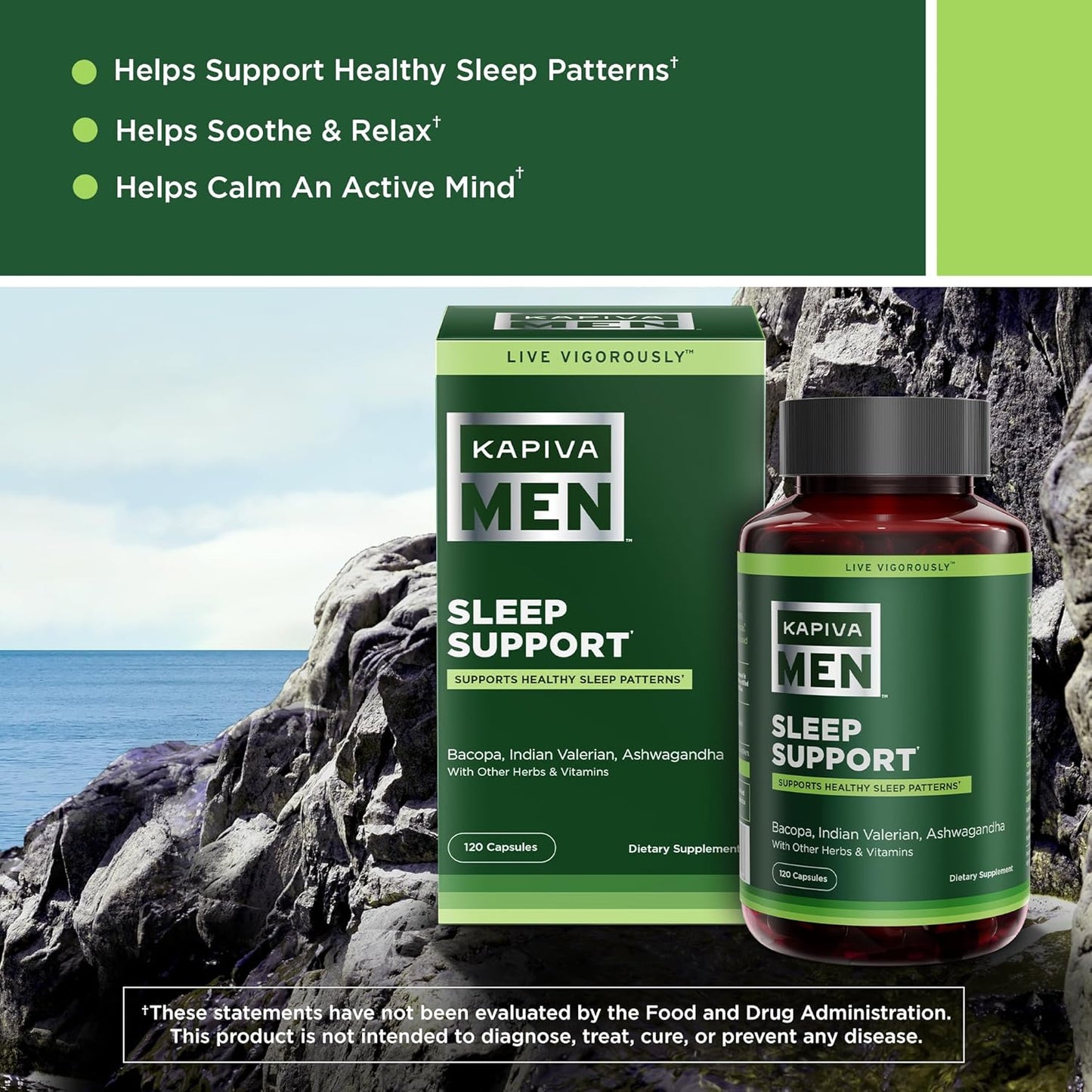 KAPIVA MEN Sleep Support Supplement with Bacopa, Valerian, Ashwagandha - Promotes Healthy Sleep, 60 Day Supply, 120 Capsules