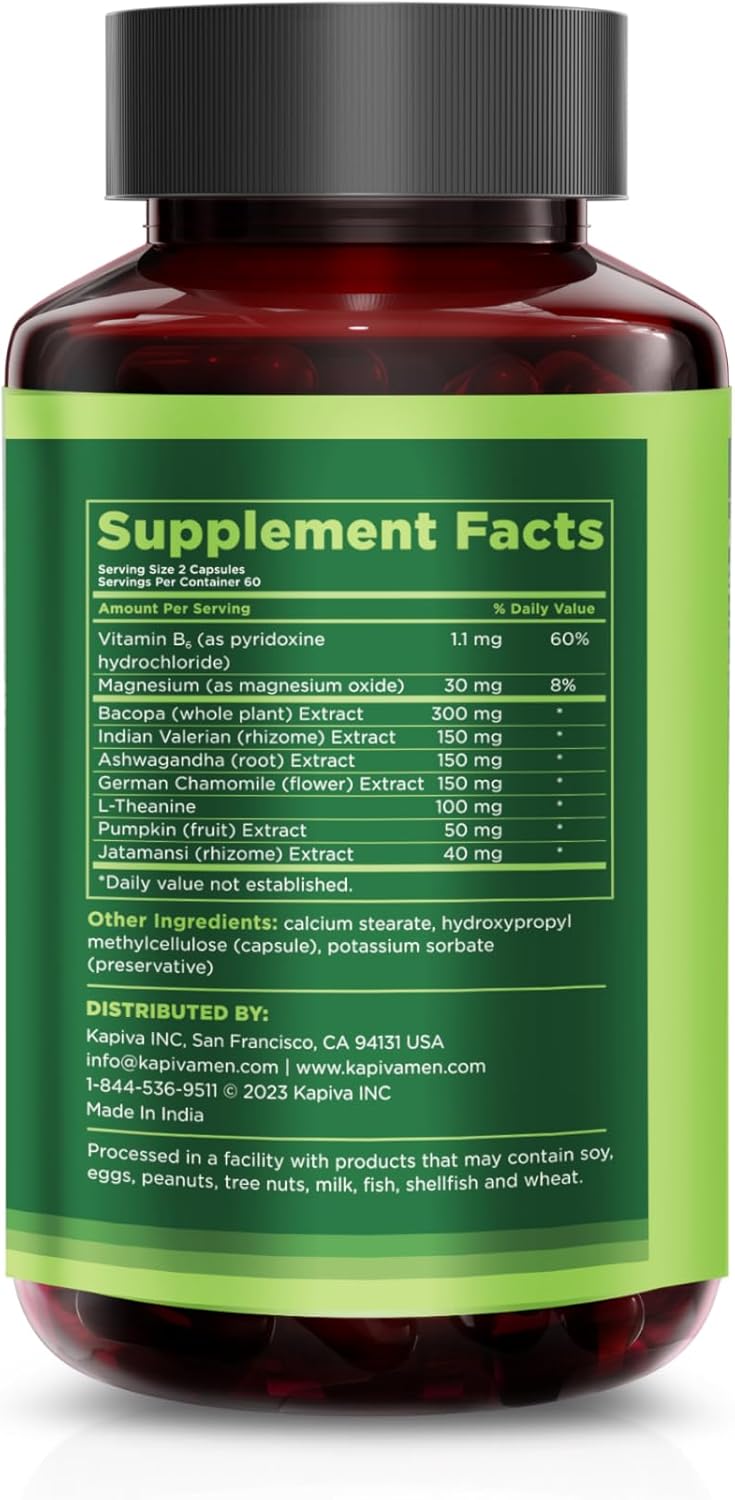 KAPIVA MEN Sleep Support Supplement with Bacopa, Valerian, Ashwagandha - Promotes Healthy Sleep, 60 Day Supply, 120 Capsules