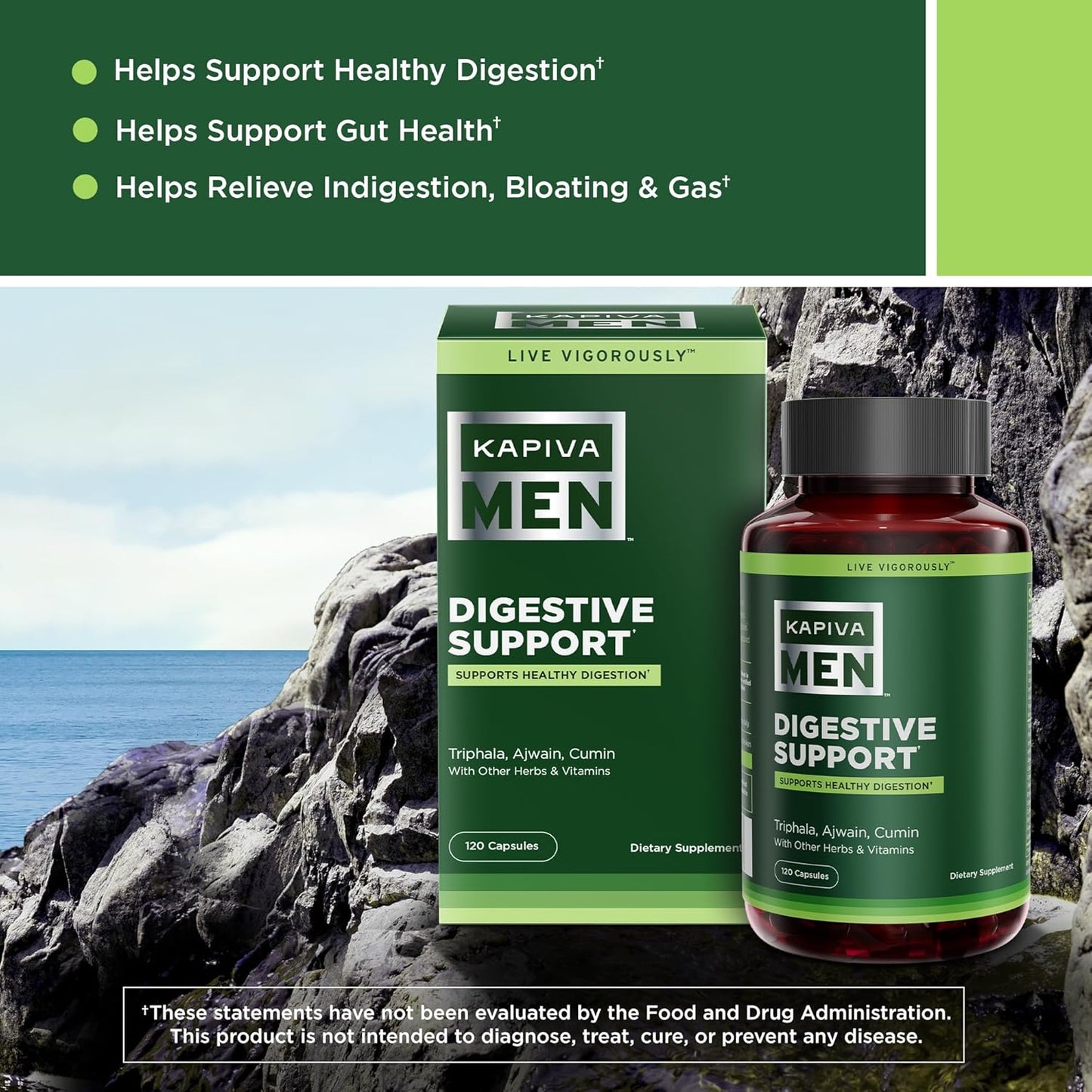 Kapiva Men's Digestive Health Supplement with Triphala, Ajwain, Cumin, Vitamins - 120 Capsules - 60 Day Supply