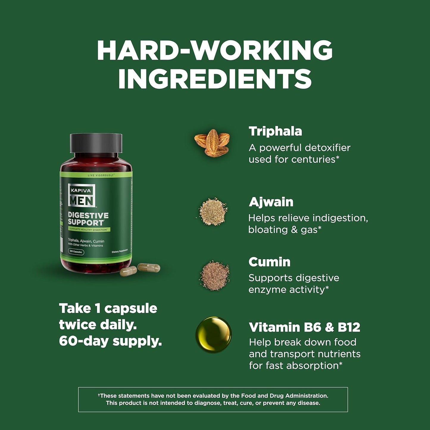 Kapiva Men's Digestive Health Supplement with Triphala, Ajwain, Cumin, Vitamins - 120 Capsules - 60 Day Supply