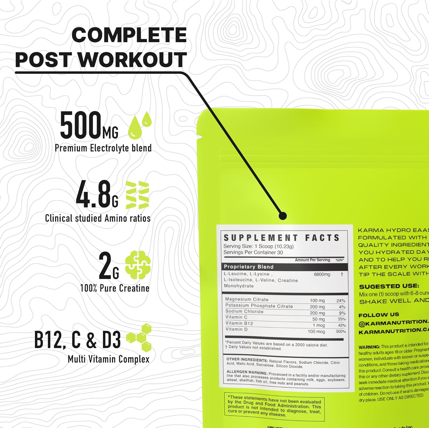 Karma Nutrition Electrolyte EAA Powder - Hydration & Muscle Stamina, 4.8g Amino Acids, 2g Creatine, Lime Lemon Flavor - 30 Servings
