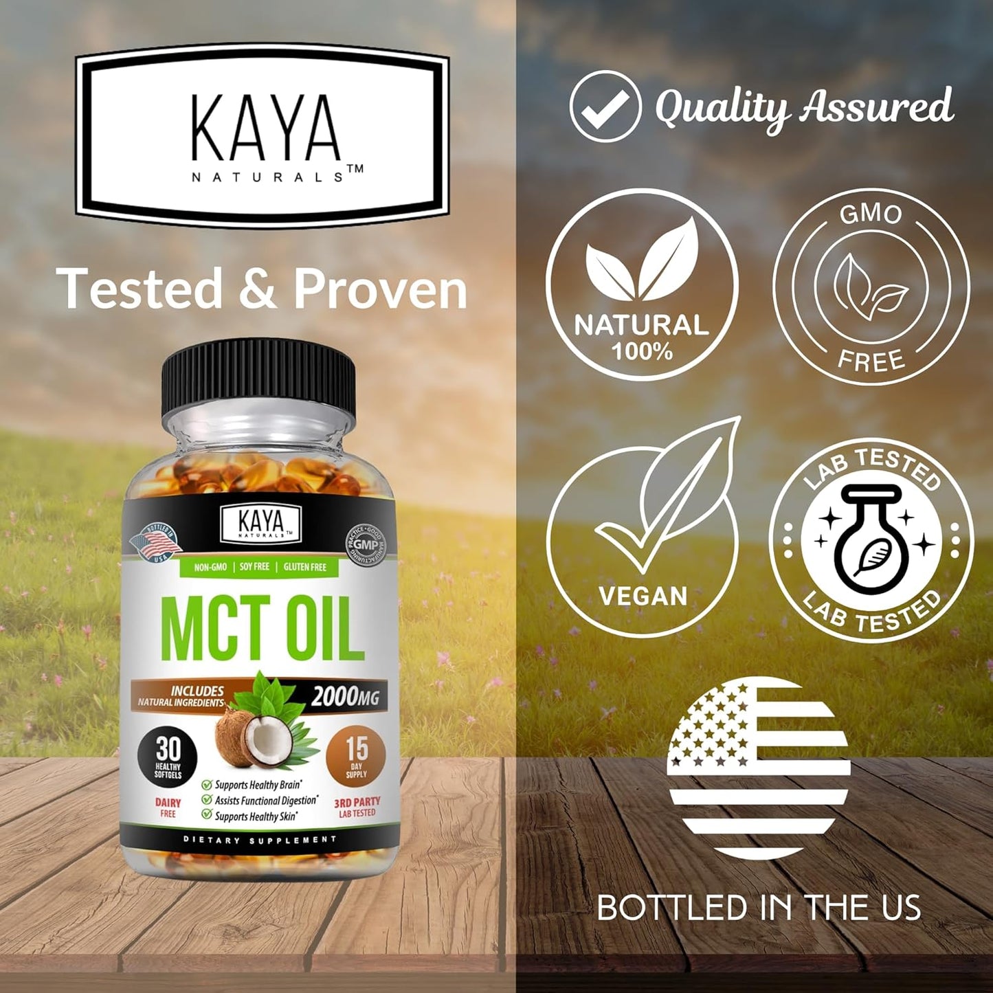 Kaya Naturals MCT Oil Softgels - 2000mg - Non-GMO, Soy-Free, Gluten-Free - Supports Brain, Digestive & Skin Health