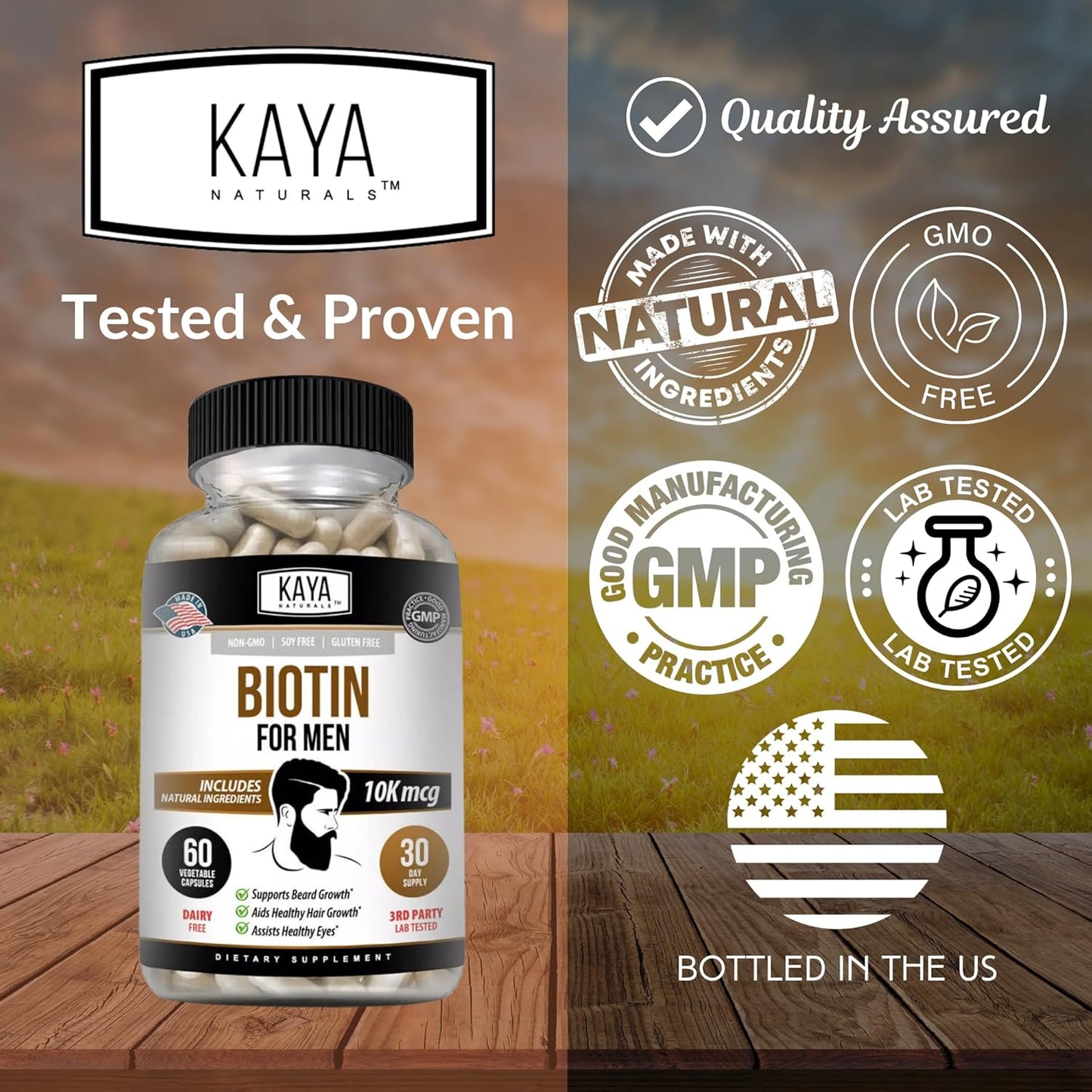 Kaya Naturals Men's Biotin Supplement for Beard, Hair Growth, Skin Health - 60ct