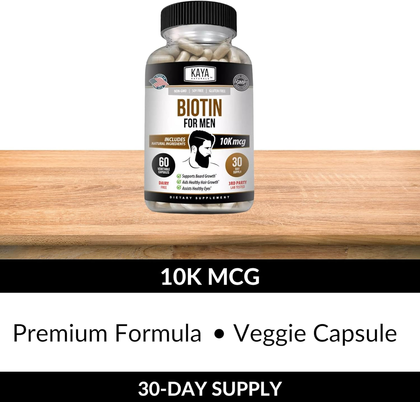 Kaya Naturals Men's Biotin Supplement for Beard, Hair Growth, Skin Health - 60ct