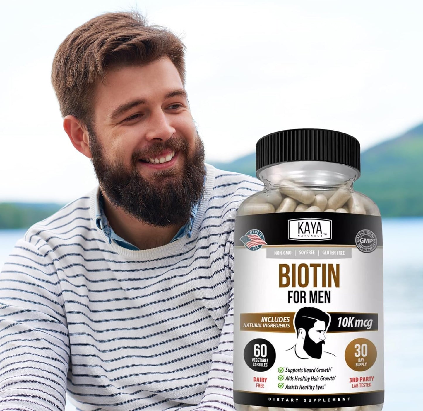 Kaya Naturals Men's Biotin Supplement for Beard, Hair Growth, Skin Health - 60ct