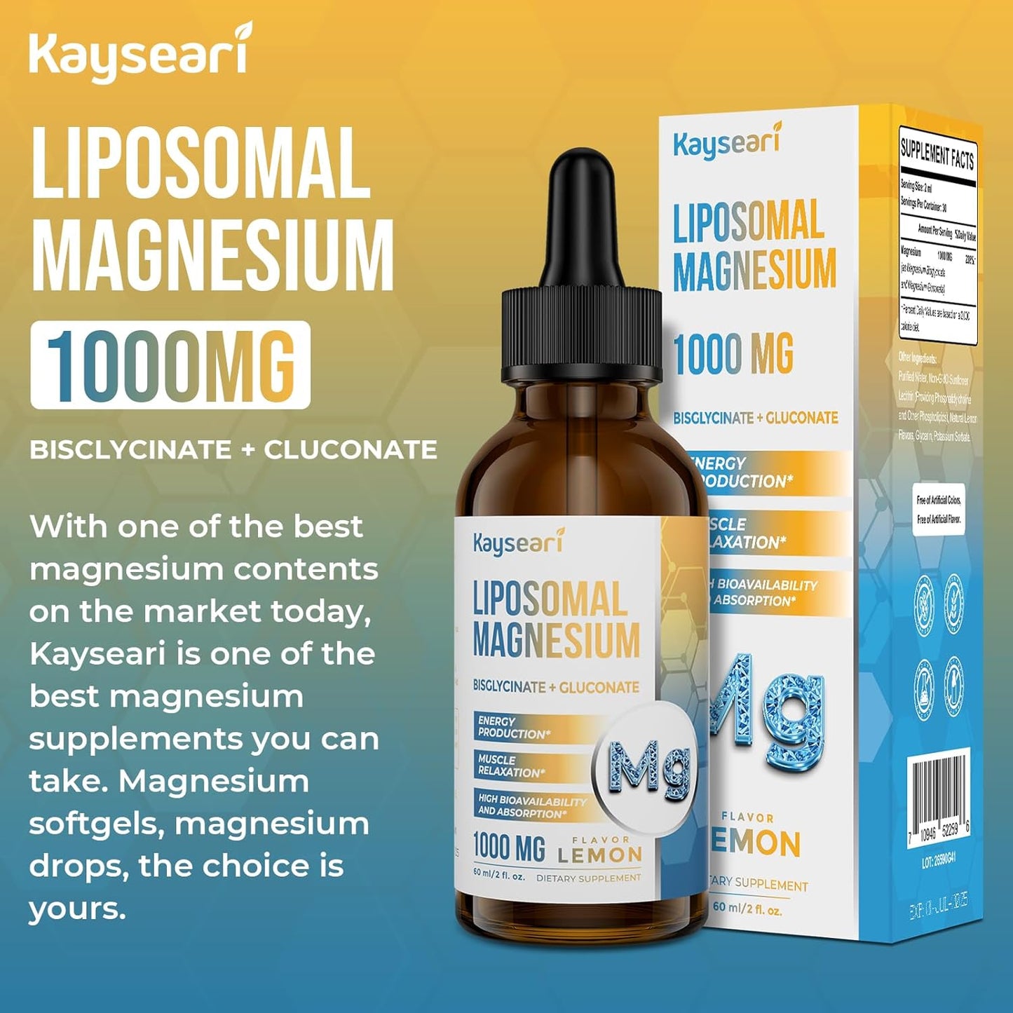 Kayseari High Strength Liposomal Magnesium Drops - 60ML Lemon Flavored Liquid for Sleep, Stress, Mood, and Gut Health