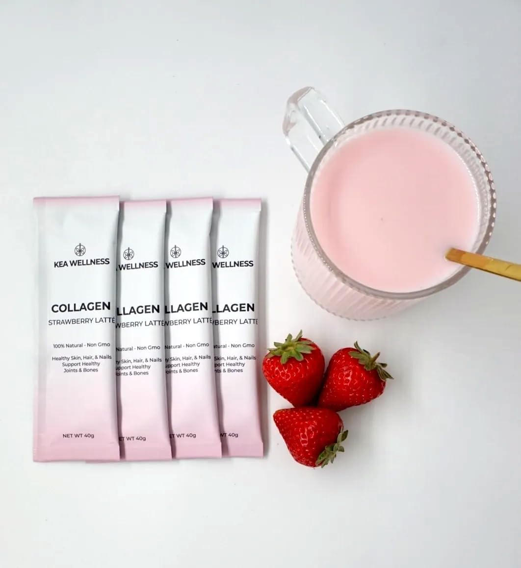 Kea Wellness Premium Liquid Collagen Creamer Single Serve Pack - Strawberry Latte Flavor - Type I, II, III Hydrolyzed Collagen Peptides for Hair, Nails, Skin, Bones, and Joints