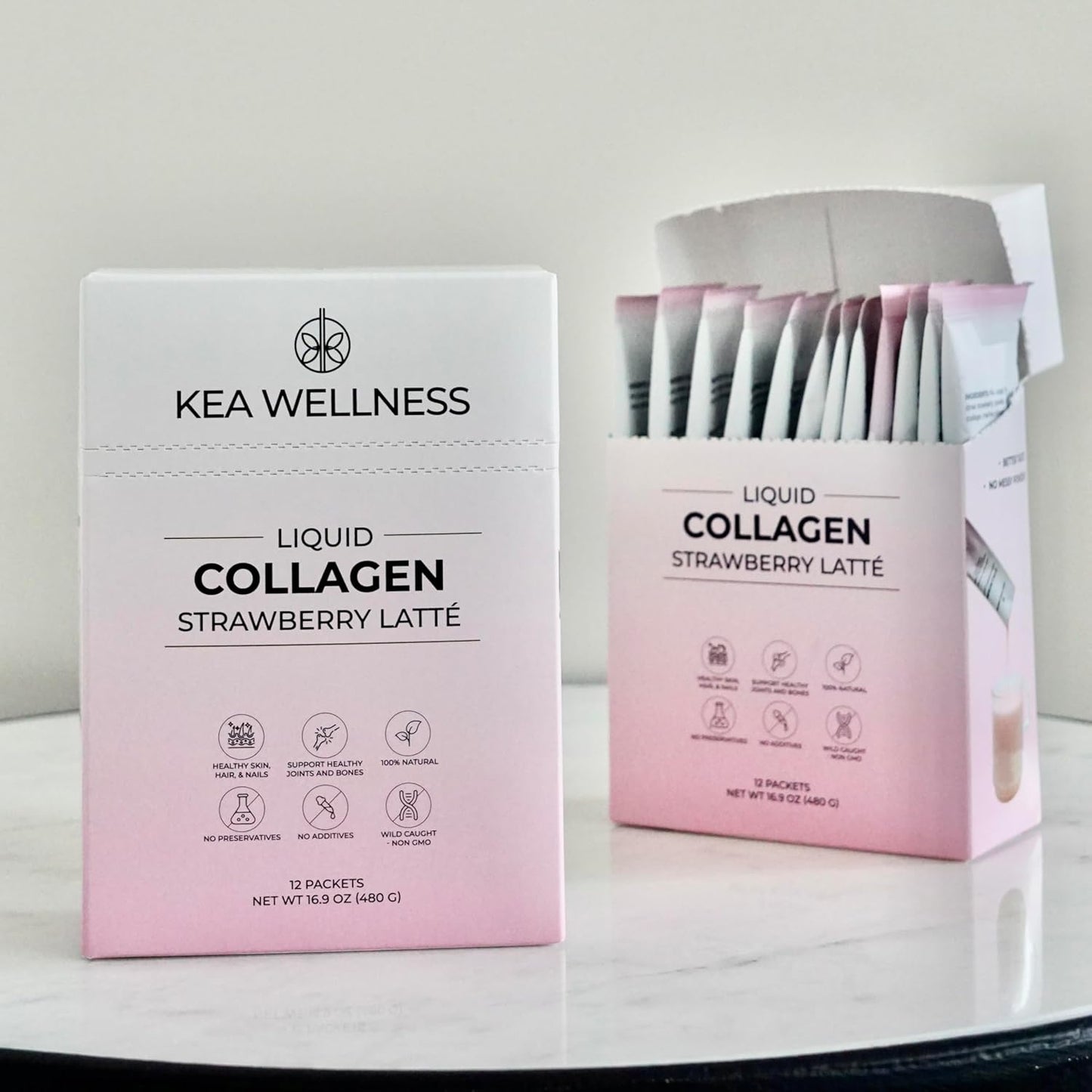 Kea Wellness Premium Liquid Collagen Creamer Single Serve Pack - Strawberry Latte Flavor - Type I, II, III Hydrolyzed Collagen Peptides for Hair, Nails, Skin, Bones, and Joints