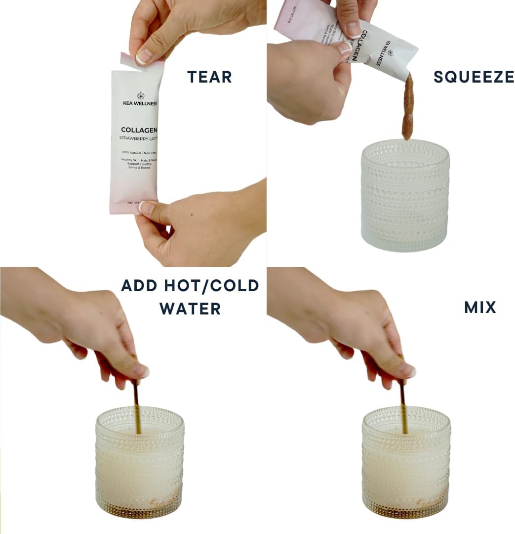 Kea Wellness Premium Liquid Collagen Creamer Single Serve Pack - Strawberry Latte Flavor - Type I, II, III Hydrolyzed Collagen Peptides for Hair, Nails, Skin, Bones, and Joints