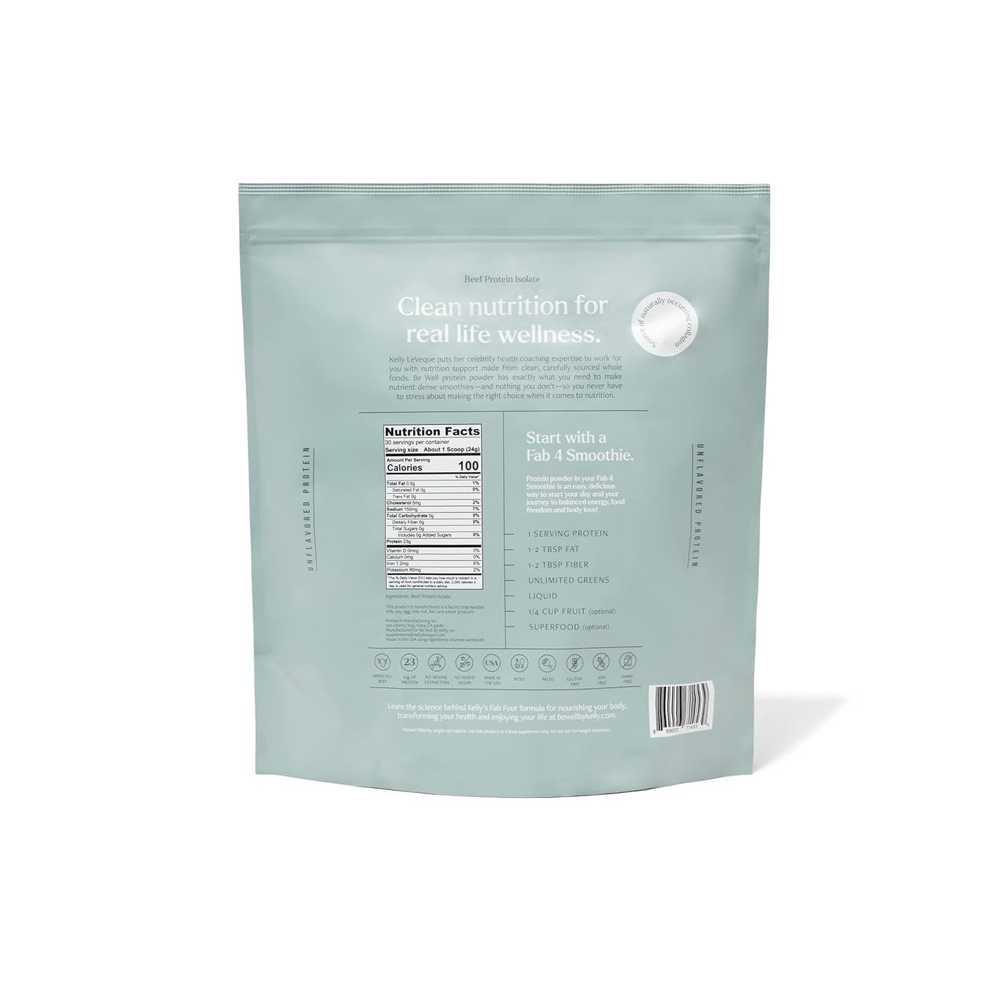 Kelly LeVeque Be Well Unflavored Grass-Fed Beef Protein Powder - 23G Protein, 30 Servings, 9 Amino Acids, 3 BCAAs - No Soy, Dairy, Stevia, Sugar - 1.59lb