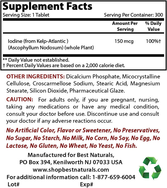 Kelp Supplement 150 Mcg with B-100 Complex for Optimal Health & Wellness