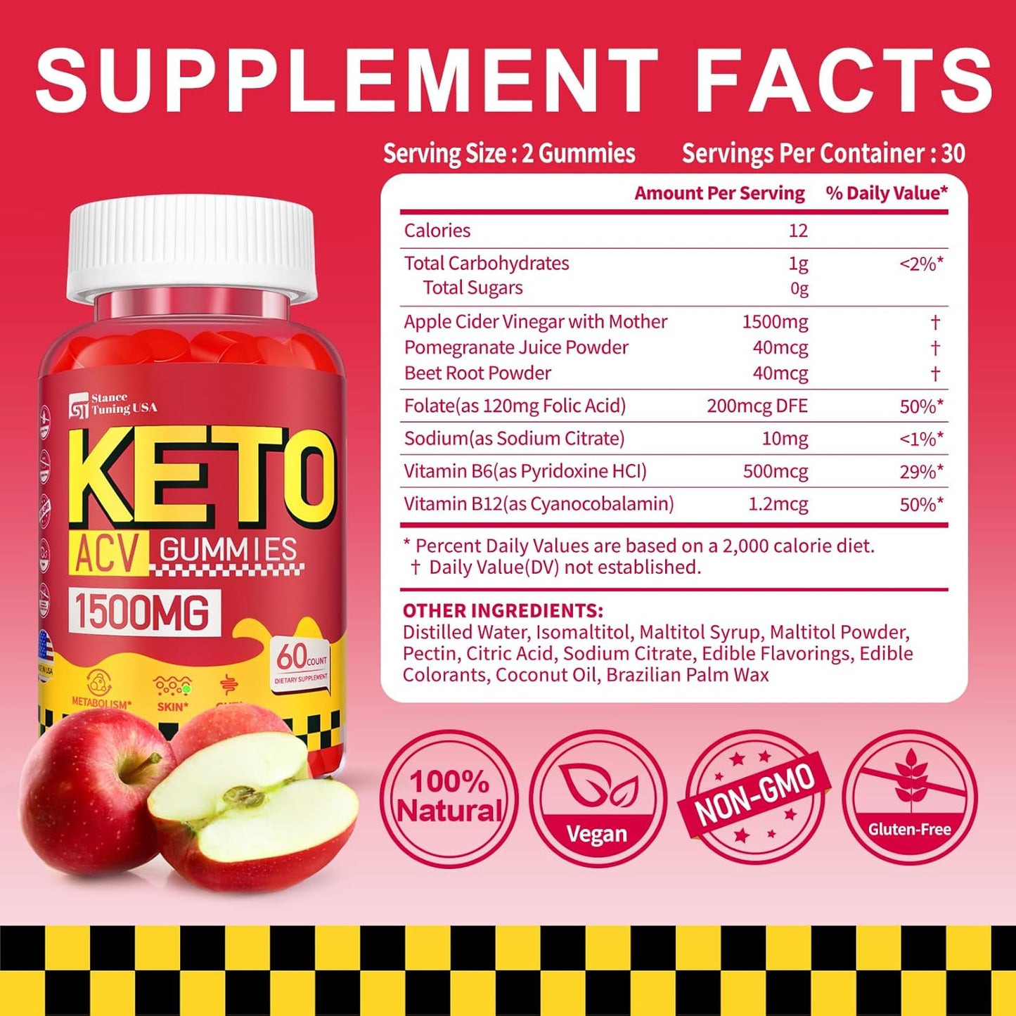 Keto ACV Gummies - 1500MG Apple Cider Vinegar for Gut Health - Probiotics, Vitamins B6 B12 - Vegan & Non-GMO, 3 Pack