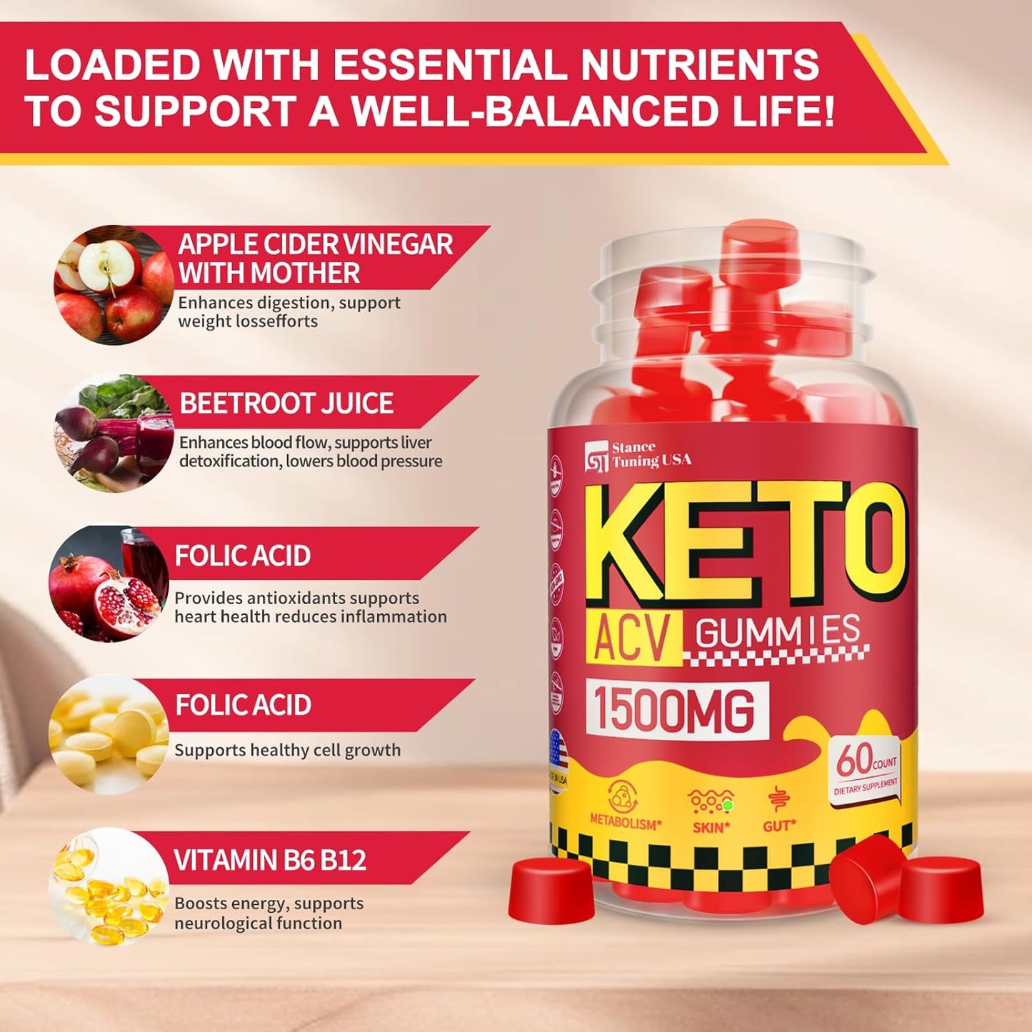 Keto ACV Gummies - 1500MG Apple Cider Vinegar for Gut Health - Probiotics, Vitamins B6 B12 - Vegan & Non-GMO, 3 Pack