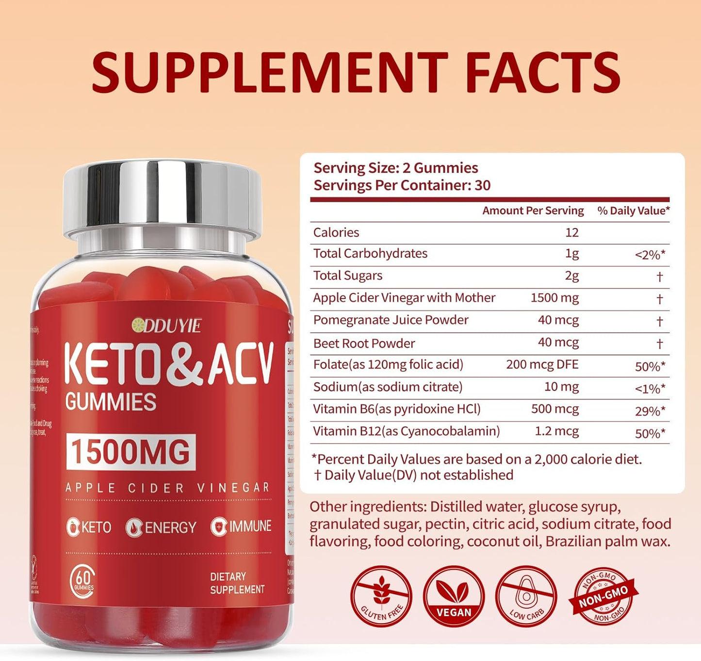 Keto Apple Cider Vinegar Gummies (2 Pack) - 1500mg with Pomegranate Beetroot - Vitamin B12 & B6 - GMO Free - 120 Count