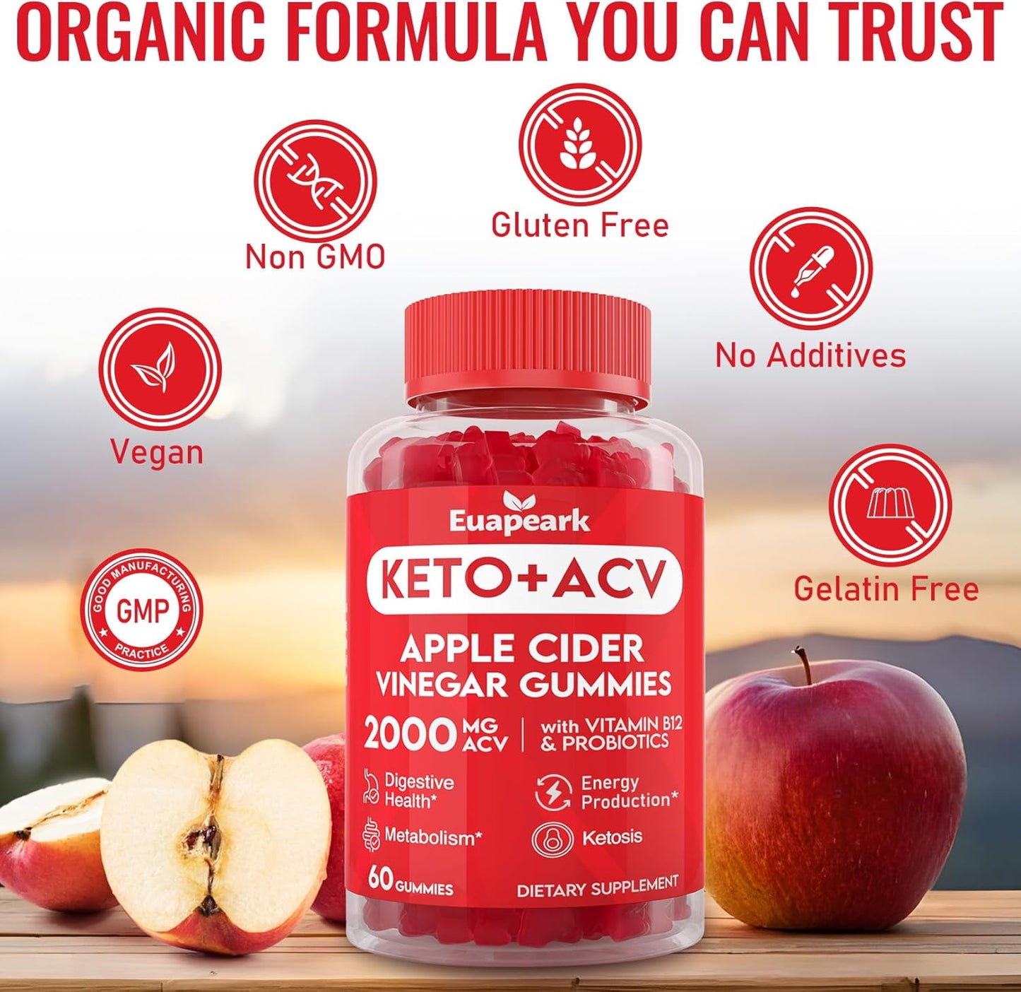 Keto Apple Cider Vinegar Gummies with Probiotics, B12 & Keto Support, 2000mg ACV, Digestion & Metabolism, Cleanse & Detox, Vegan, Low Sugar - 720 Count