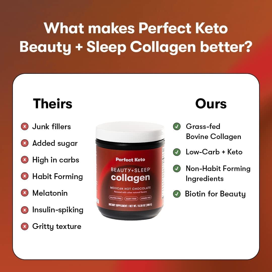 Keto Beauty Sleep Grass Fed Collagen Protein Powder with Ashwagandha, Magnesium, Hyaluronic Acid, Biotin, L Theanine, Mexican Hot Chocolate Flavor, Hair Skin Nails Relaxation Support