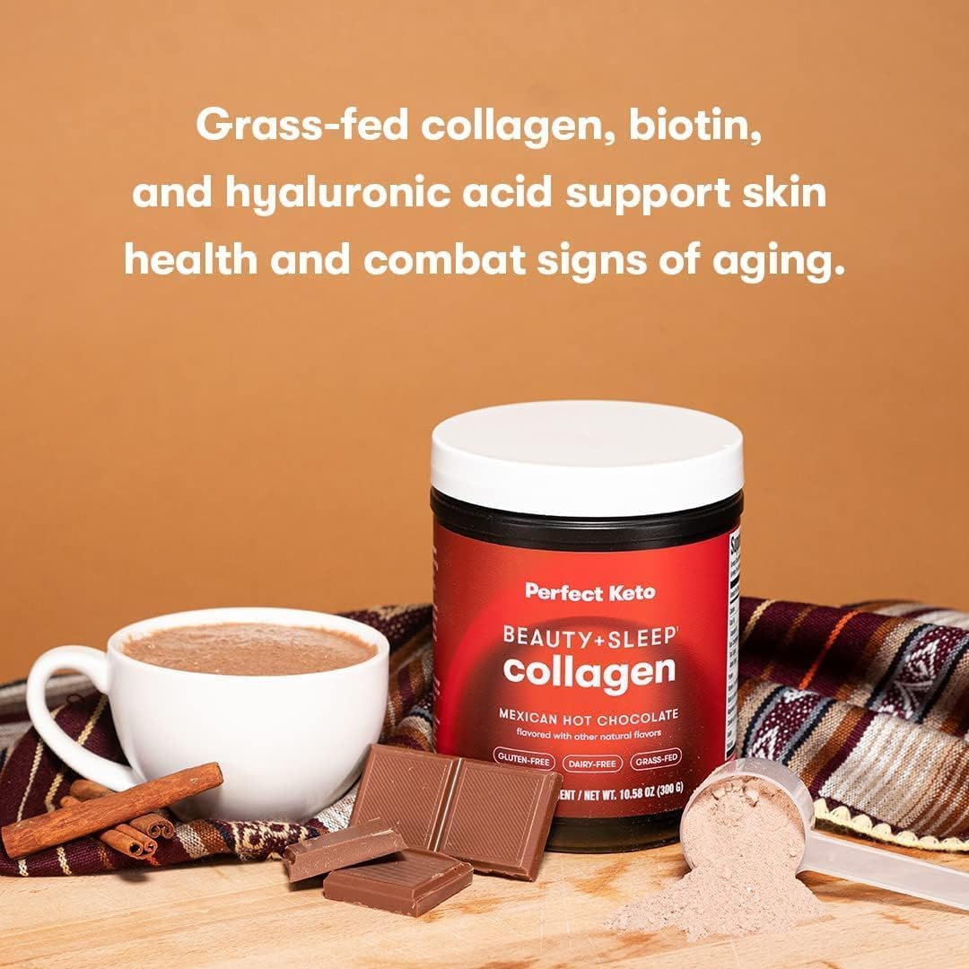 Keto Beauty Sleep Grass Fed Collagen Protein Powder with Ashwagandha, Magnesium, Hyaluronic Acid, Biotin, L Theanine, Mexican Hot Chocolate Flavor, Hair Skin Nails Relaxation Support