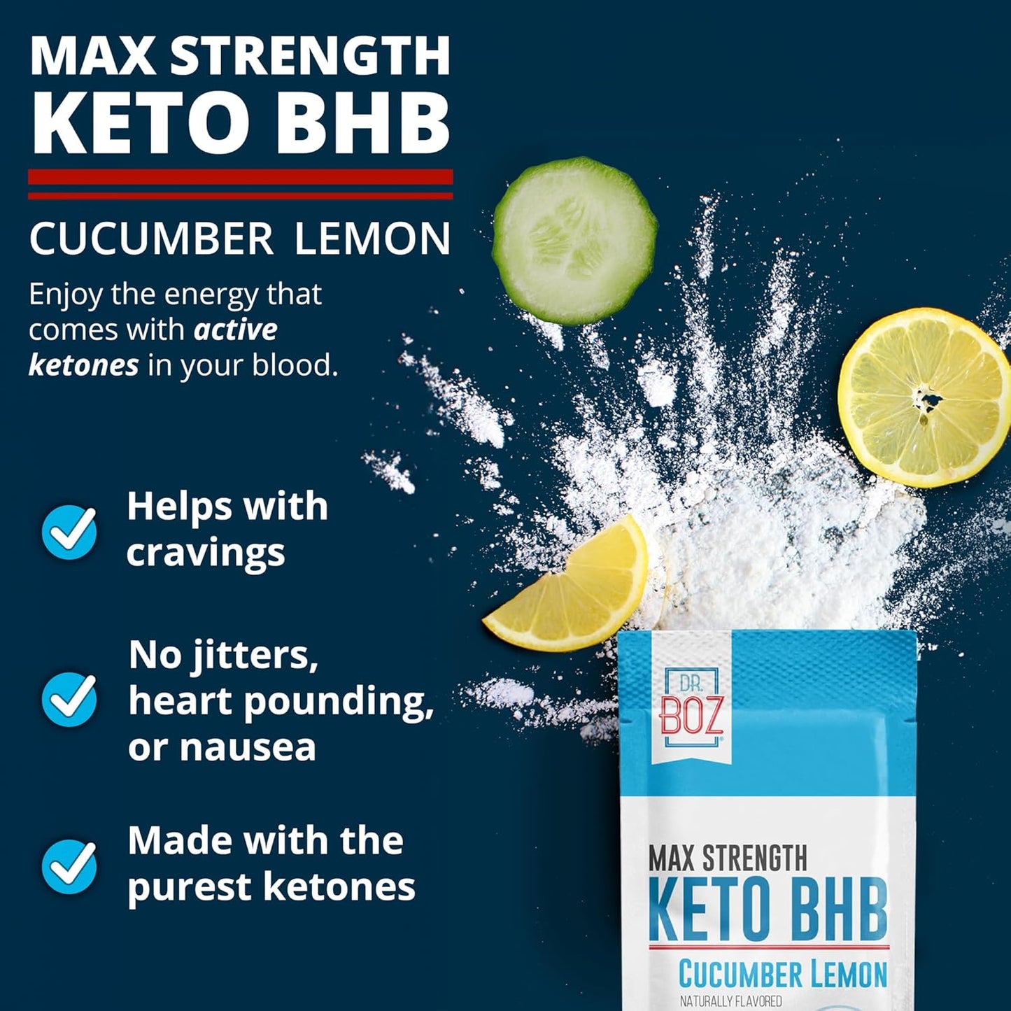 Keto BHB Powder - Cucumber Lemon Flavor - 20 Packets - Energy Boost & Cravings Control - Max Strength Dietary Supplement - Quality Tested - Made in USA - 10.9oz
