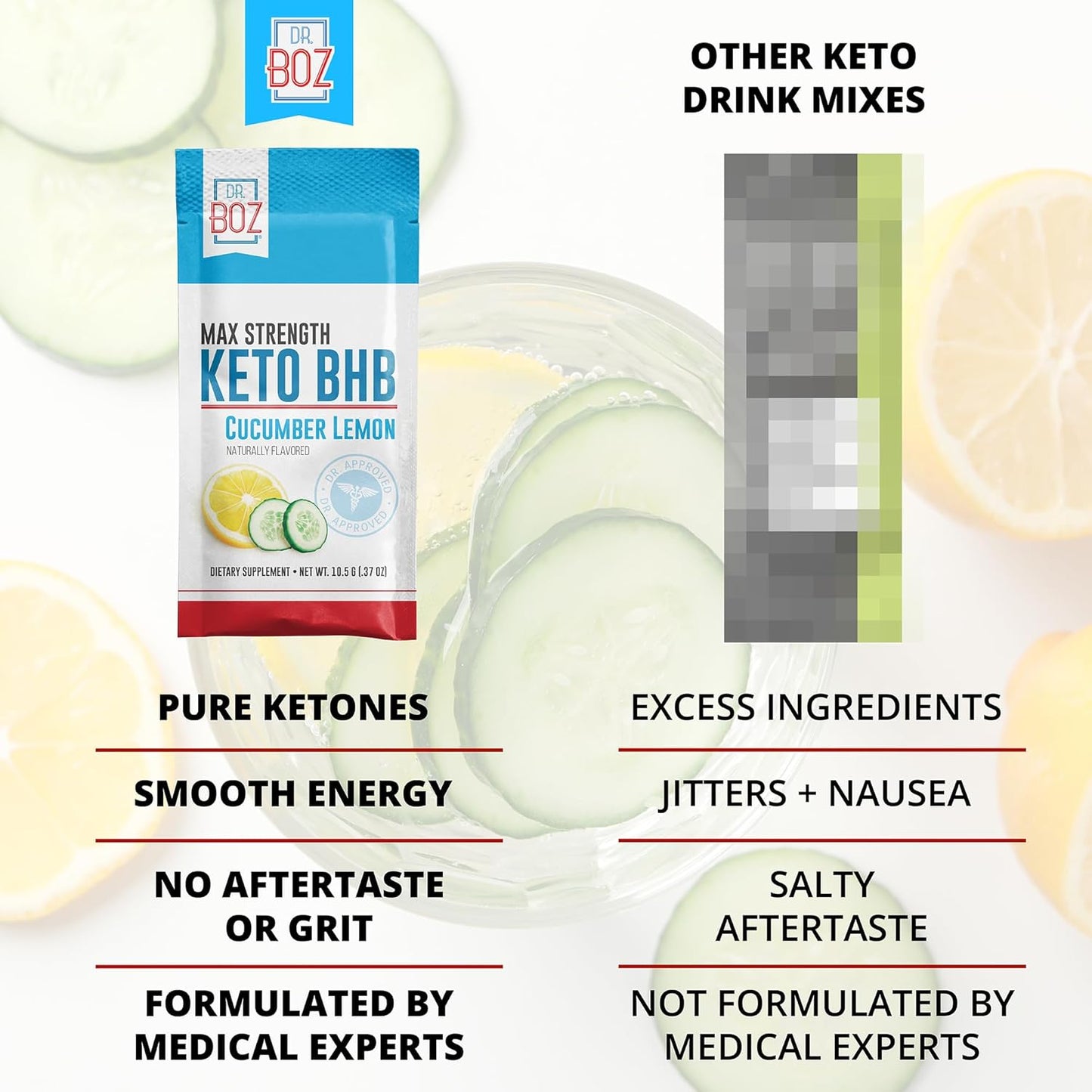 Keto BHB Powder - Cucumber Lemon Flavor - 20 Packets - Energy Boost & Cravings Control - Max Strength Dietary Supplement - Quality Tested - Made in USA - 10.9oz