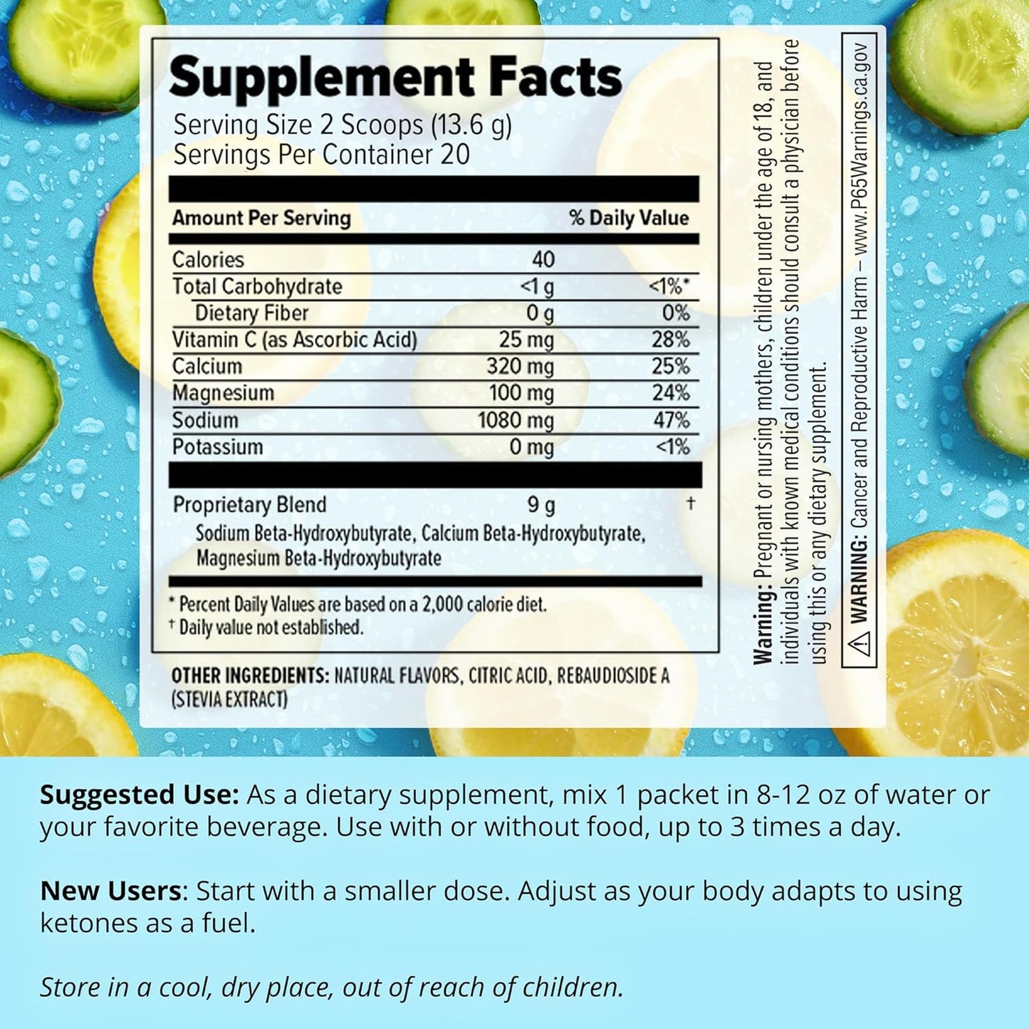 Keto BHB Powder - Cucumber Lemon Flavor - 20 Packets - Energy Boost & Cravings Control - Max Strength Dietary Supplement - Quality Tested - Made in USA - 10.9oz