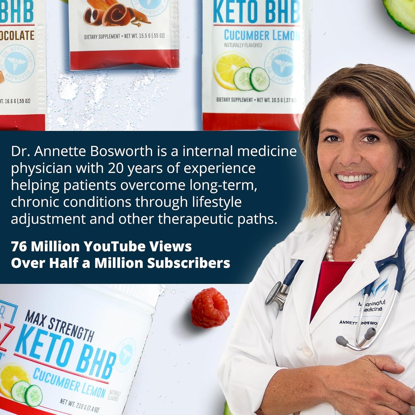 Keto BHB Powder - Cucumber Lemon Flavor - 20 Packets - Energy Boost & Cravings Control - Max Strength Dietary Supplement - Quality Tested - Made in USA - 10.9oz