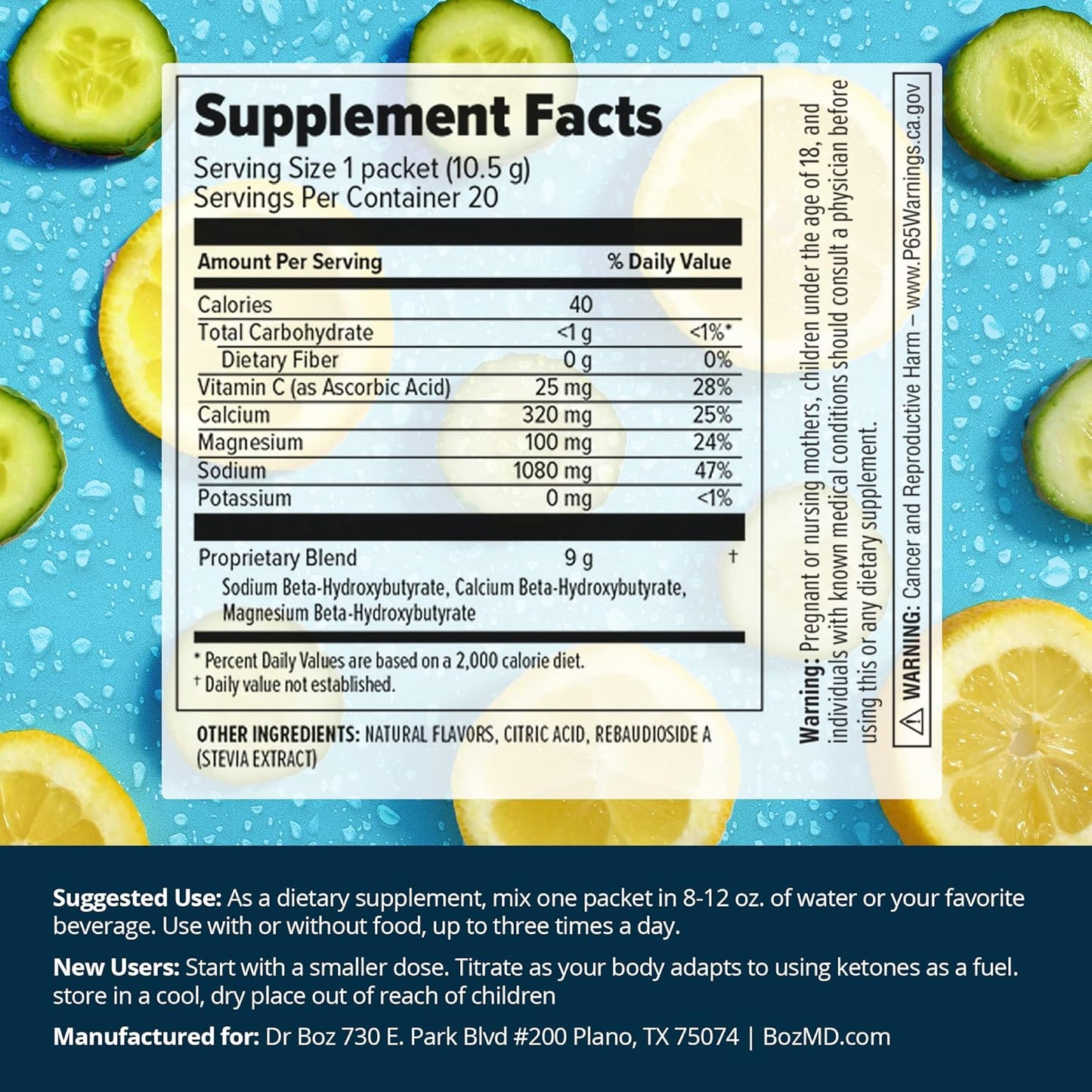 Keto BHB Powder - Cucumber Lemon Flavor - 20 Packets - Energy Boost & Cravings Control - Max Strength Dietary Supplement - Quality Tested - Made in USA - 10.9oz