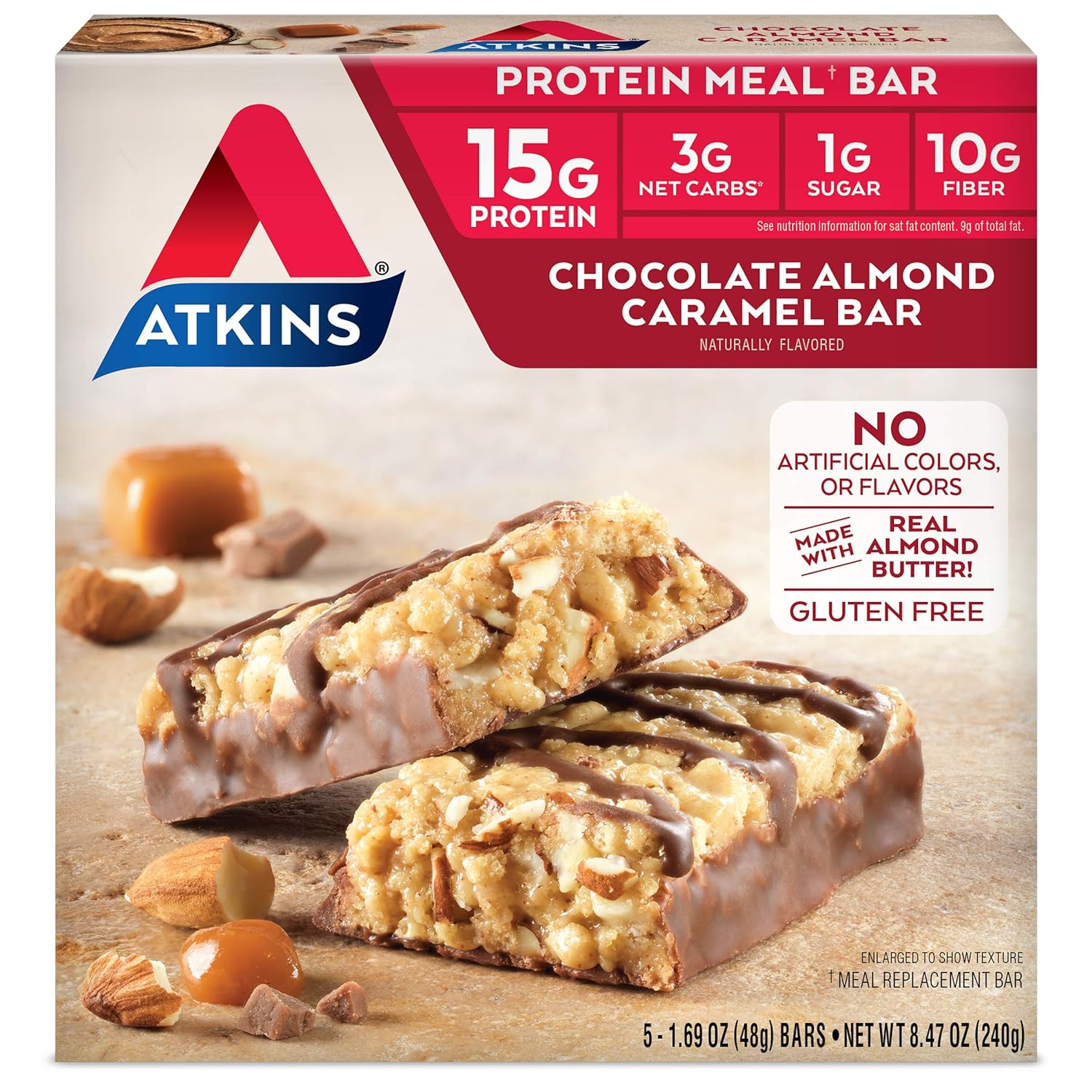 Keto Chocolate Almond Caramel Bar with Real Almond Butter - Gluten Free Snack (Pack of 5)