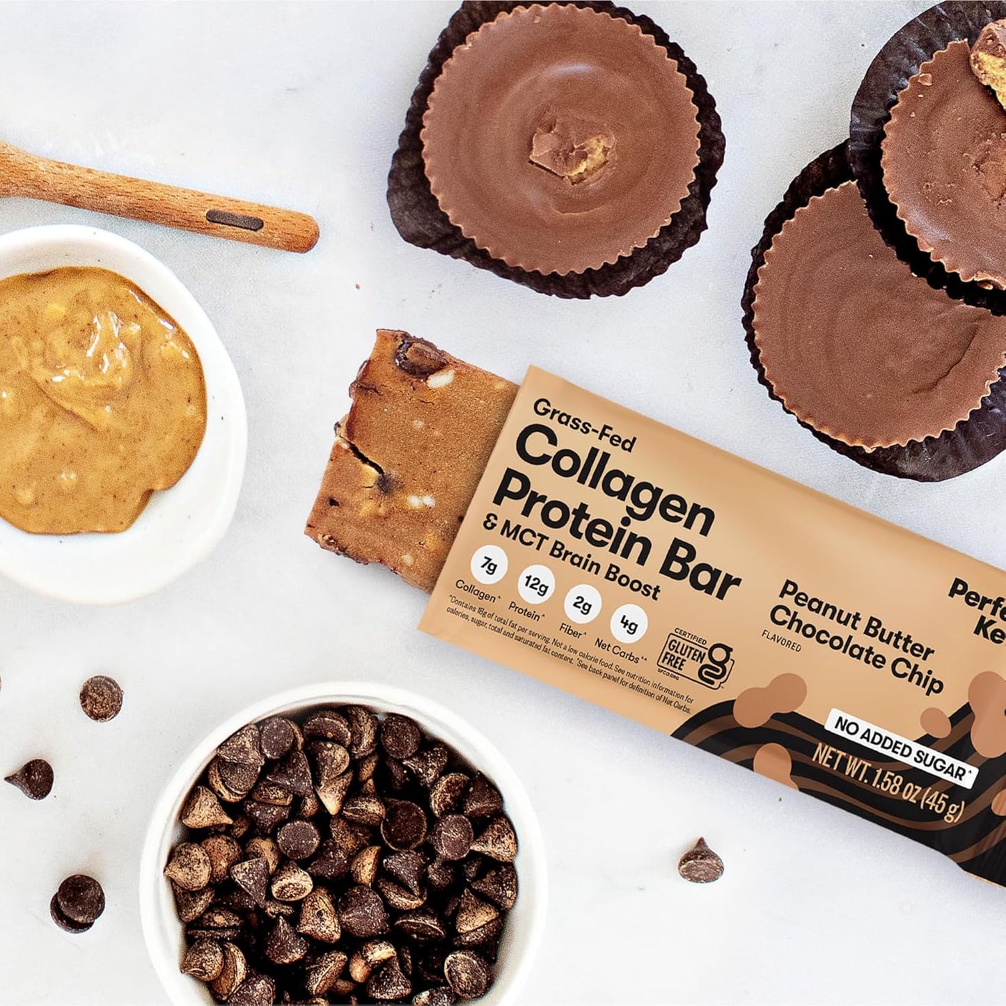 Keto Collagen Protein Bars with MCT Oil, Peanut Butter Chocolate Chip Flavor - Low Carb, High Protein Snacks for Keto Diet, Gluten Free Grass Fed, No Sugar Added - 12 Bars - BoostGo Australia
