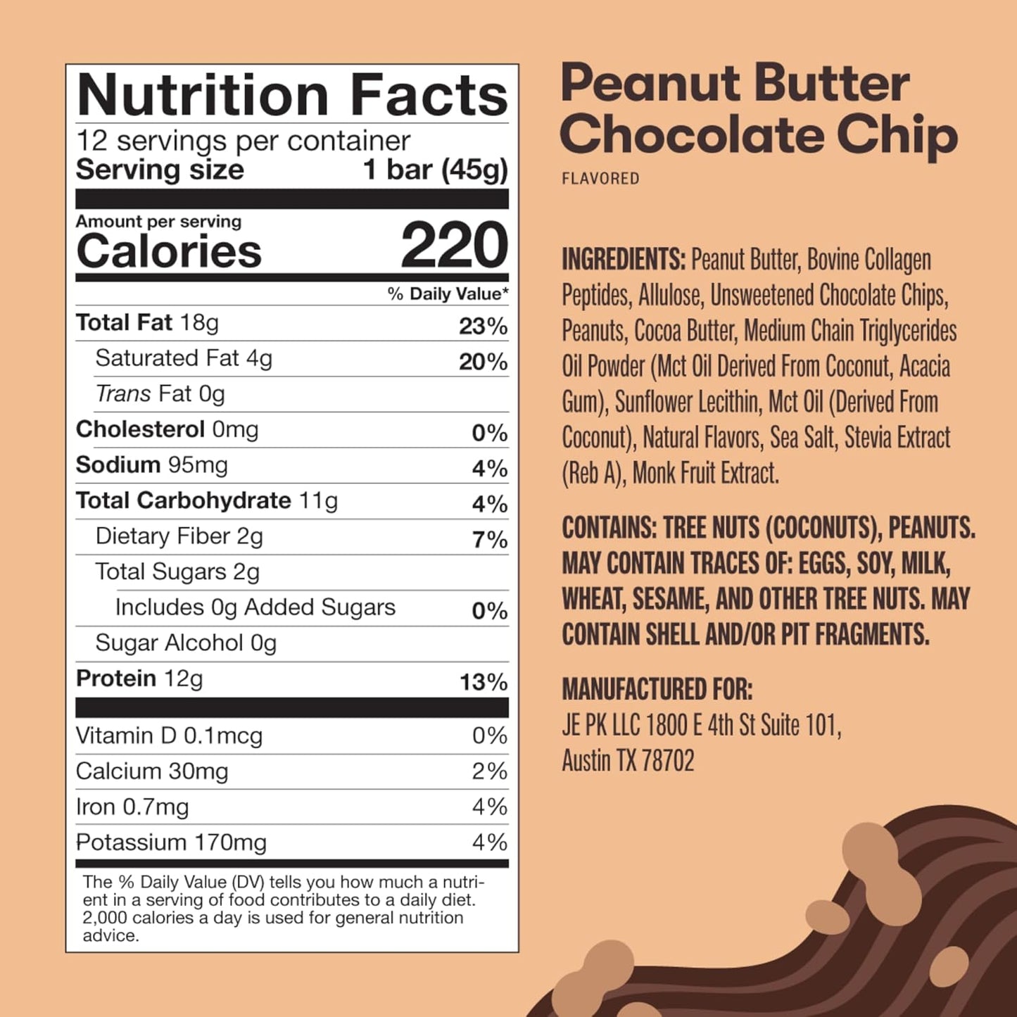 Keto Collagen Protein Bars with MCT Oil, Peanut Butter Chocolate Chip Flavor - Low Carb, High Protein Snacks for Keto Diet, Gluten Free Grass Fed, No Sugar Added - 12 Bars - BoostGo Australia