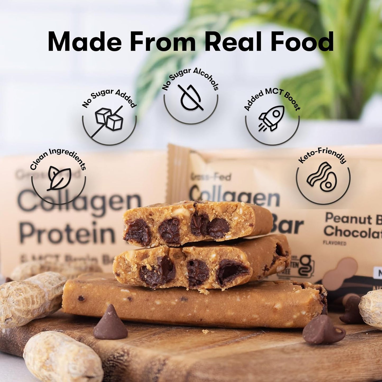 Keto Collagen Protein Bars with MCT Oil, Peanut Butter Chocolate Chip Flavor - Low Carb, High Protein Snacks for Keto Diet, Gluten Free Grass Fed, No Sugar Added - 12 Bars - BoostGo Australia