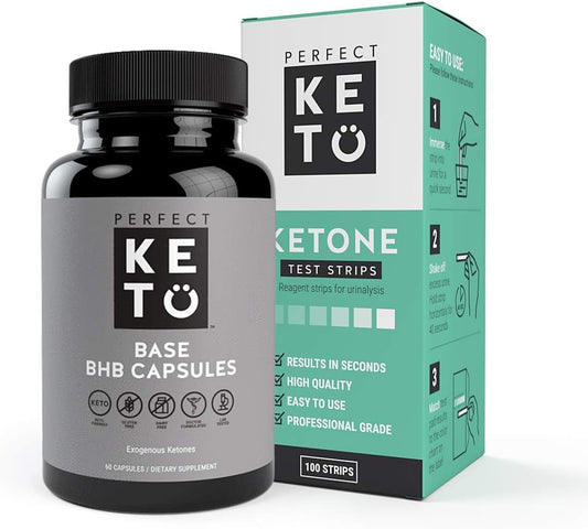 Keto Exogenous Ketones Base BHB Supplement + Keto Strips Bundle for Weight Management & Energy - 60 Capsules & 100 Strips included