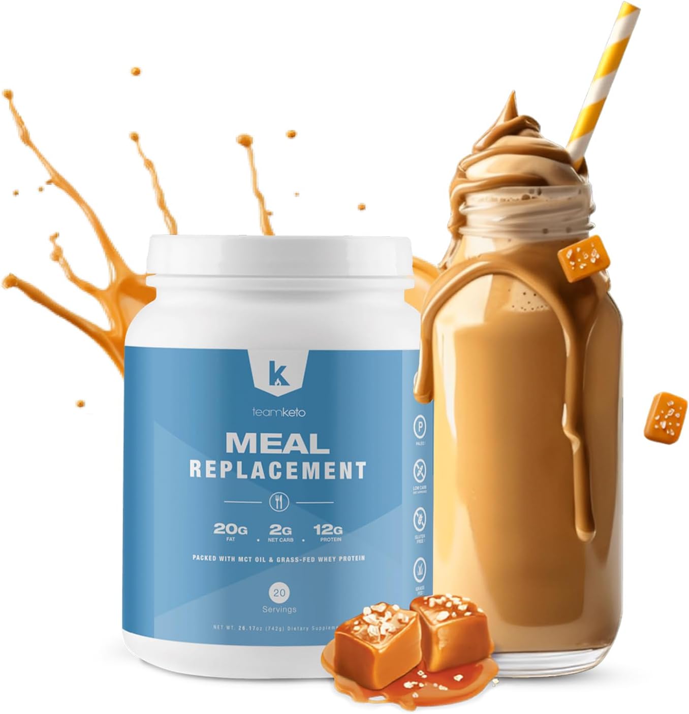 Keto-Friendly Meal Replacement Powder with MCT & Grass-Fed Whey Protein - Gluten Free & Low Carb - Salted Caramel Flavor - 742g