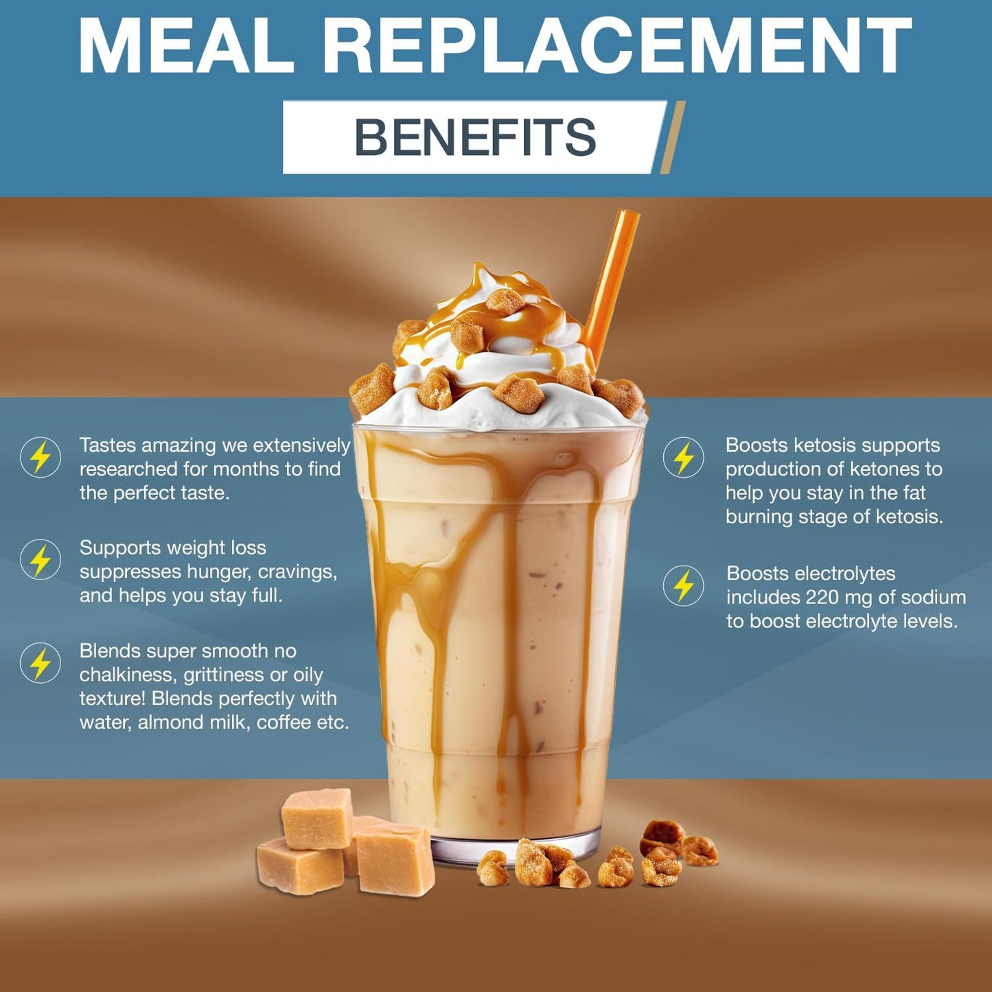 Keto-Friendly Meal Replacement Powder with MCT & Grass-Fed Whey Protein - Gluten Free & Low Carb - Salted Caramel Flavor - 742g