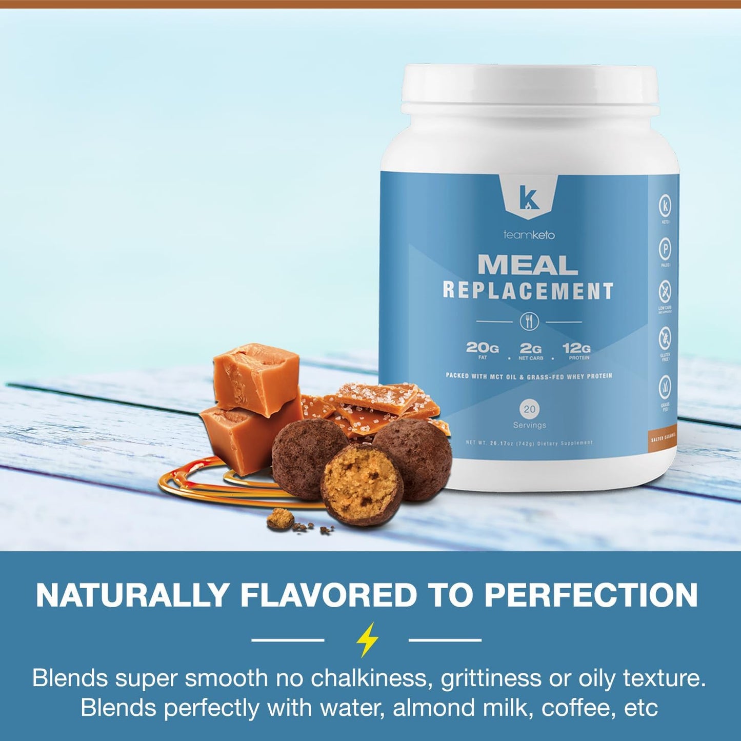 Keto-Friendly Meal Replacement Powder with MCT & Grass-Fed Whey Protein - Gluten Free & Low Carb - Salted Caramel Flavor - 742g