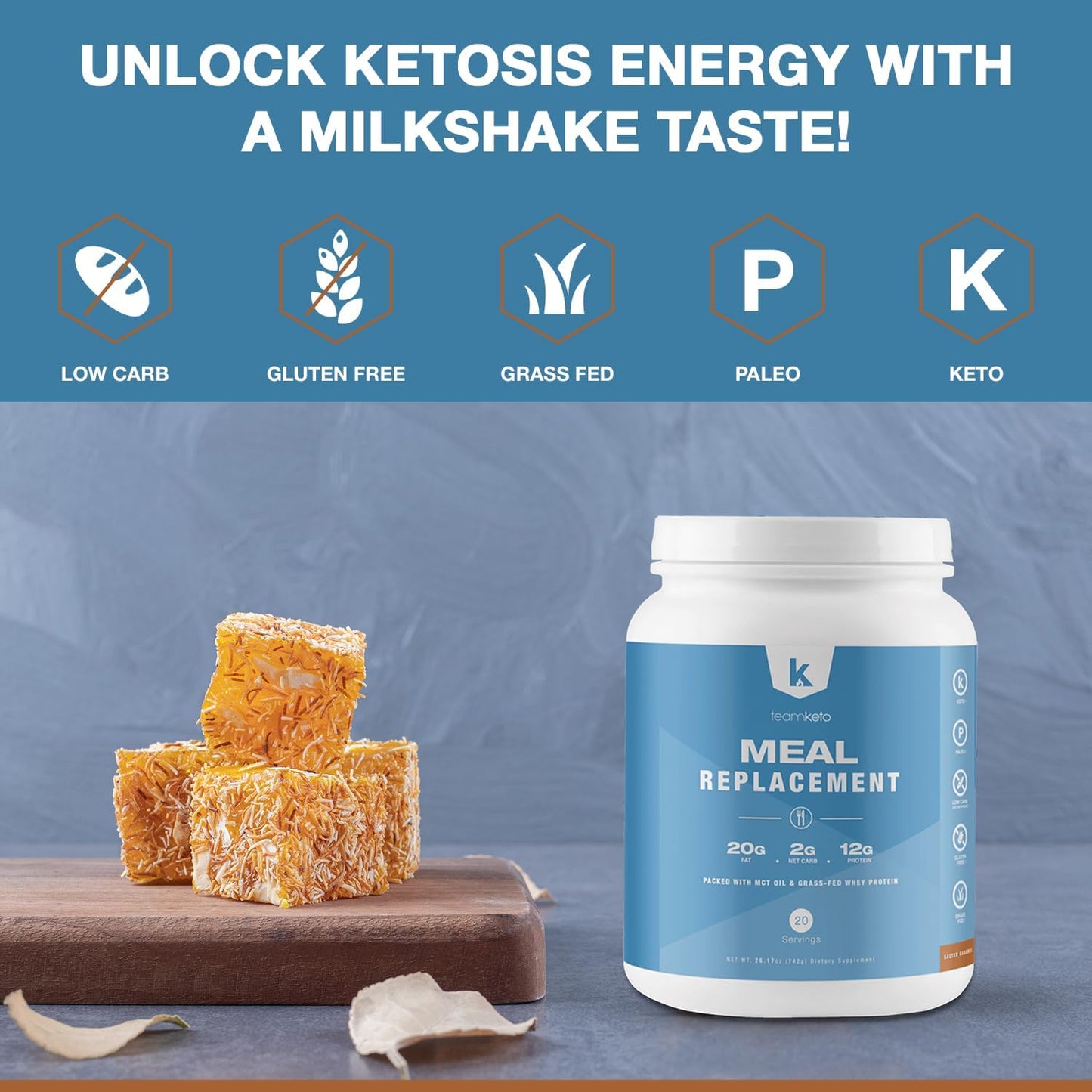 Keto-Friendly Meal Replacement Powder with MCT & Grass-Fed Whey Protein - Gluten Free & Low Carb - Salted Caramel Flavor - 742g