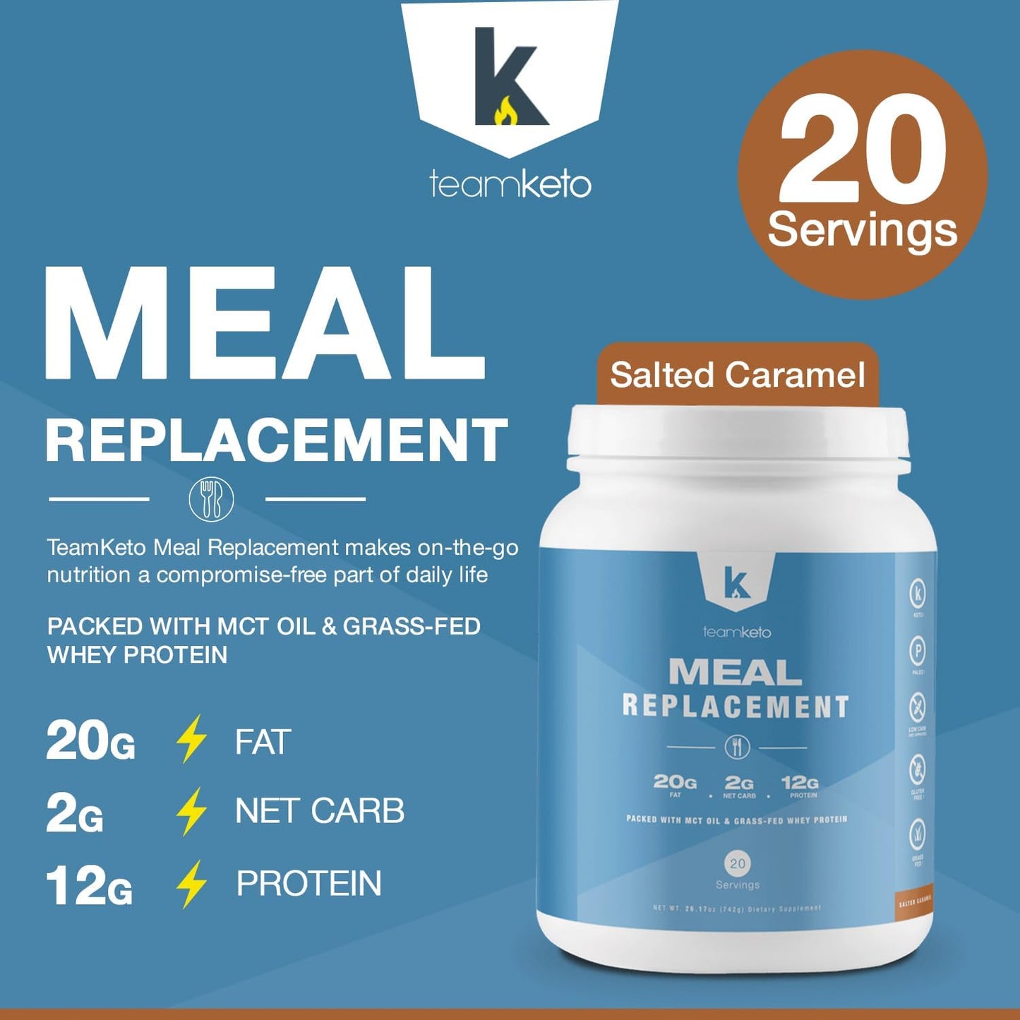 Keto-Friendly Meal Replacement Powder with MCT & Grass-Fed Whey Protein - Gluten Free & Low Carb - Salted Caramel Flavor - 742g