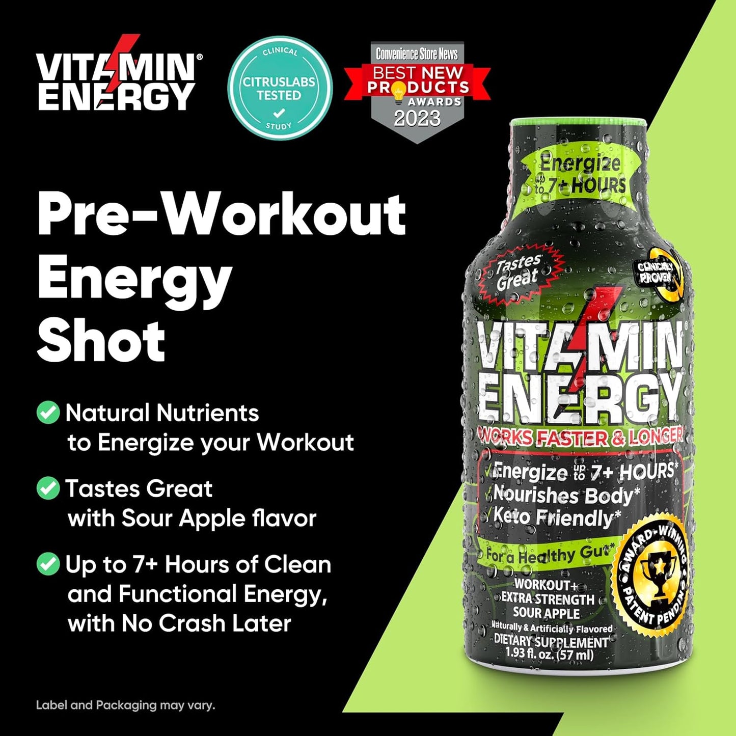 Keto-Friendly Sugar-Free Pre-Workout Shots with Clean Green Tea Caffeine - Sour Apple Flavor - 1.93 Fl Oz (Pack of 24)