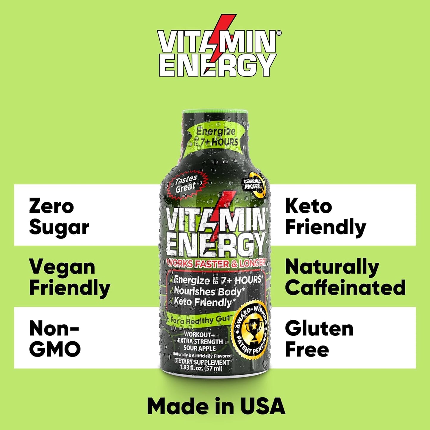 Keto-Friendly Sugar-Free Pre-Workout Shots with Clean Green Tea Caffeine - Sour Apple Flavor - 1.93 Fl Oz (Pack of 24)