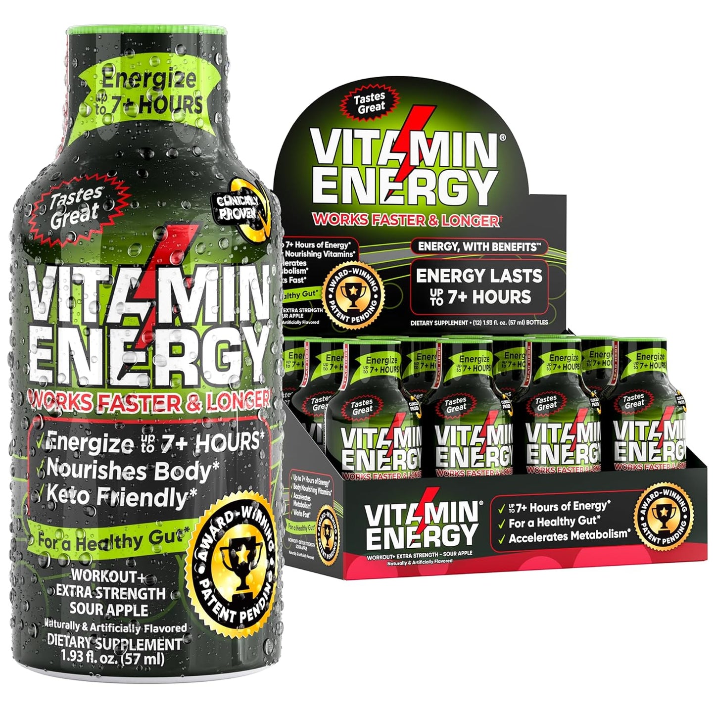 Keto-Friendly Sugar-Free Pre Workout Shots with Green Tea Caffeine for Long-Lasting Energy - Sour Apple (Pack of 12)