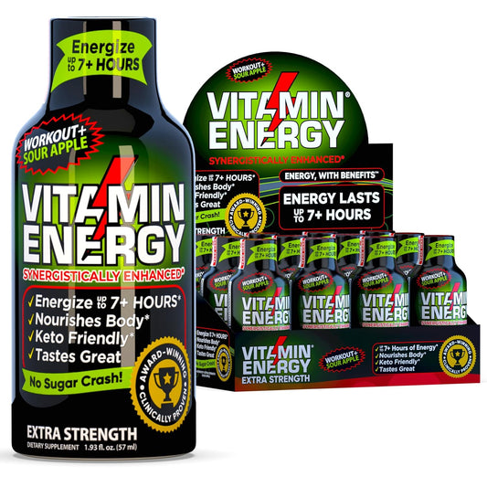 Keto-Friendly Sugar-Free Pre Workout Shots with Green Tea Caffeine - Sour Apple Flavor - Pack of 12