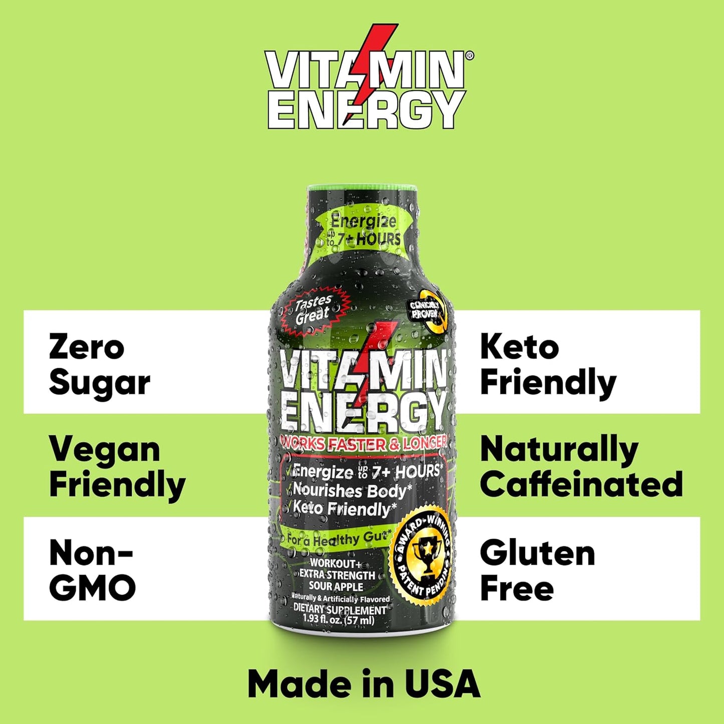 Keto-Friendly Sugar-Free Pre Workout Shots with Green Tea Caffeine for Long-Lasting Energy - Sour Apple (Pack of 12)