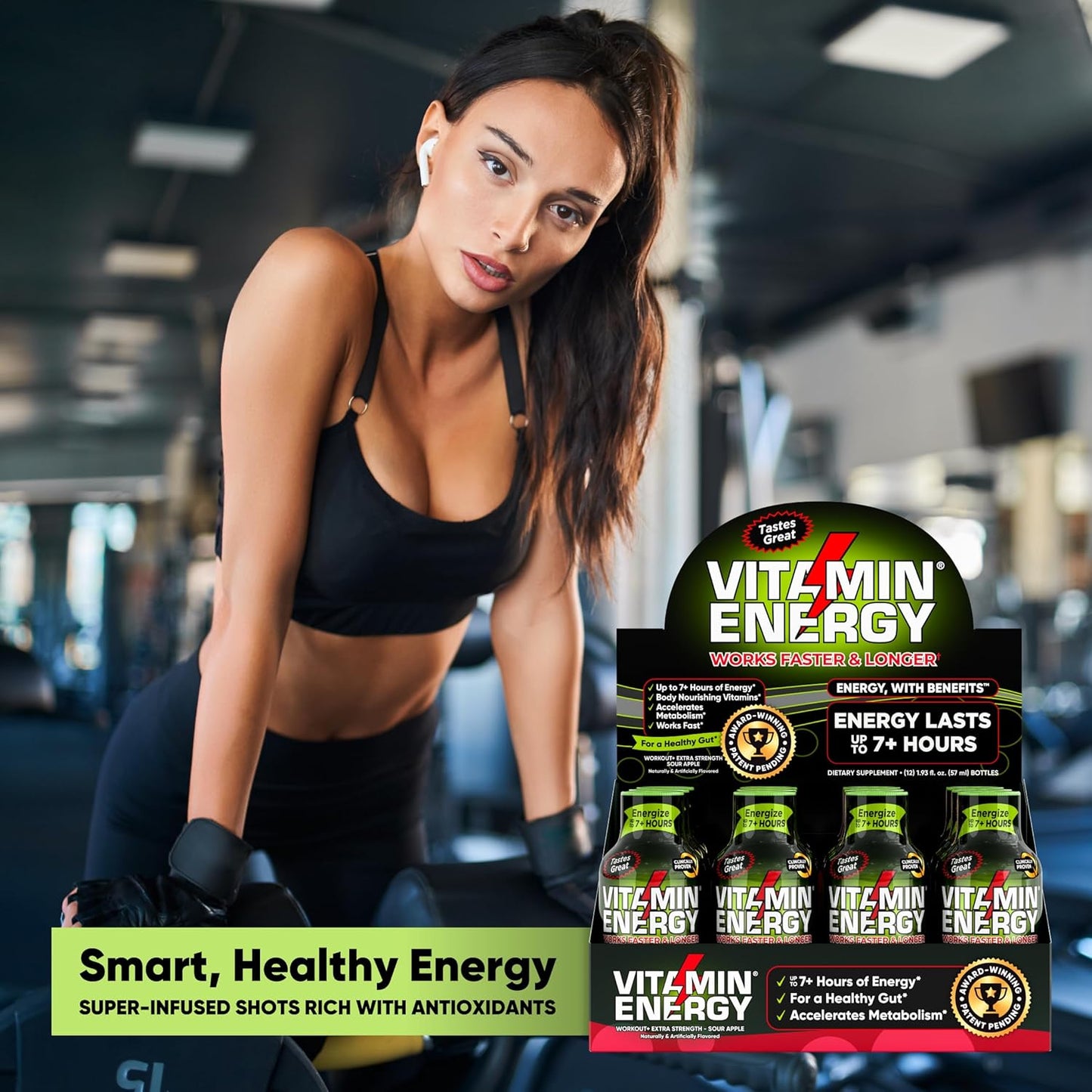 Keto-Friendly Sugar-Free Pre Workout Shots with Green Tea Caffeine for Long-Lasting Energy - Sour Apple (Pack of 12)